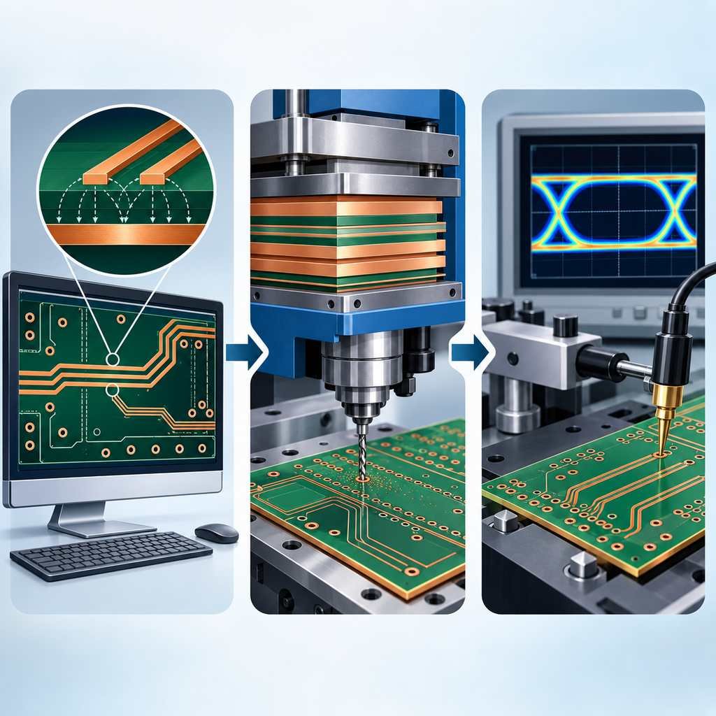 High-frequency PCB design, fabrication and test stages linked in sequence, from layout to lamination and drilling to probe verification