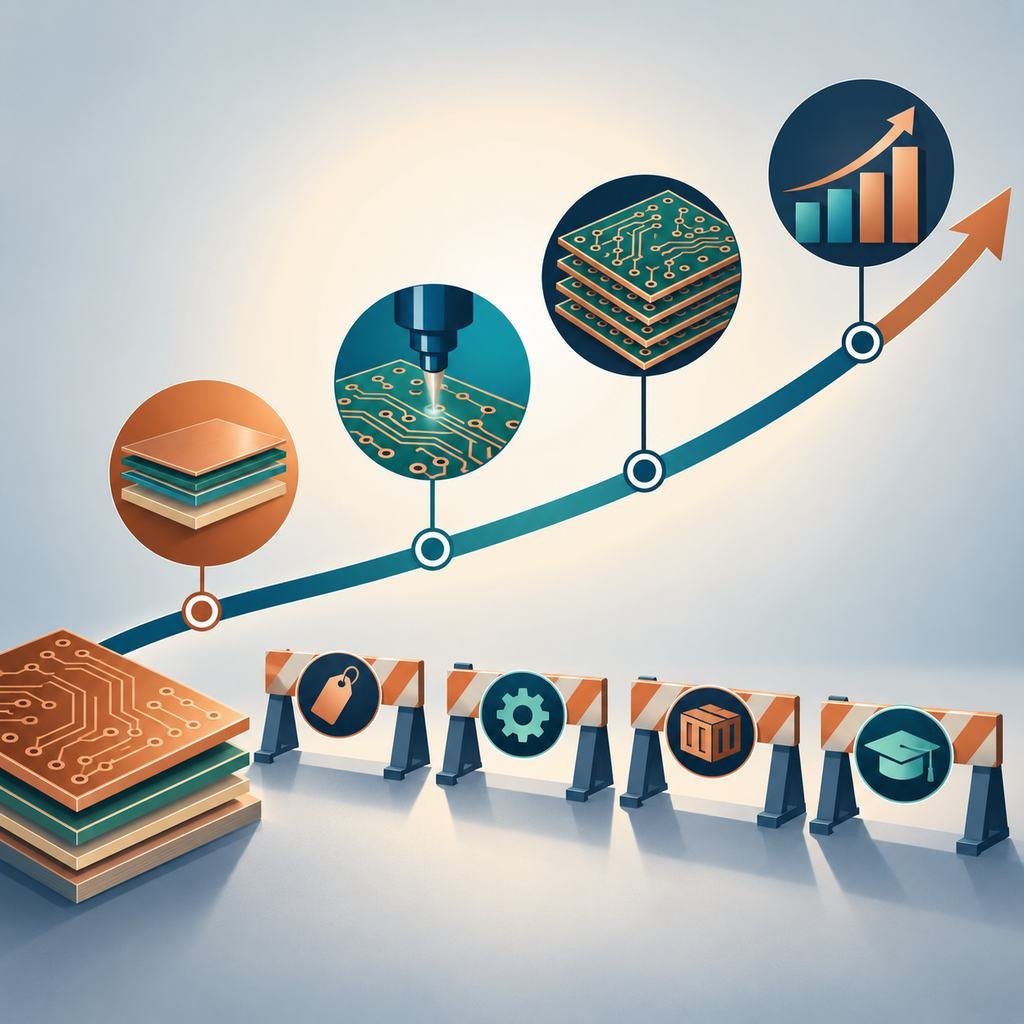 Rising high-frequency PCB development curve with four trend markers above and four challenge barriers below