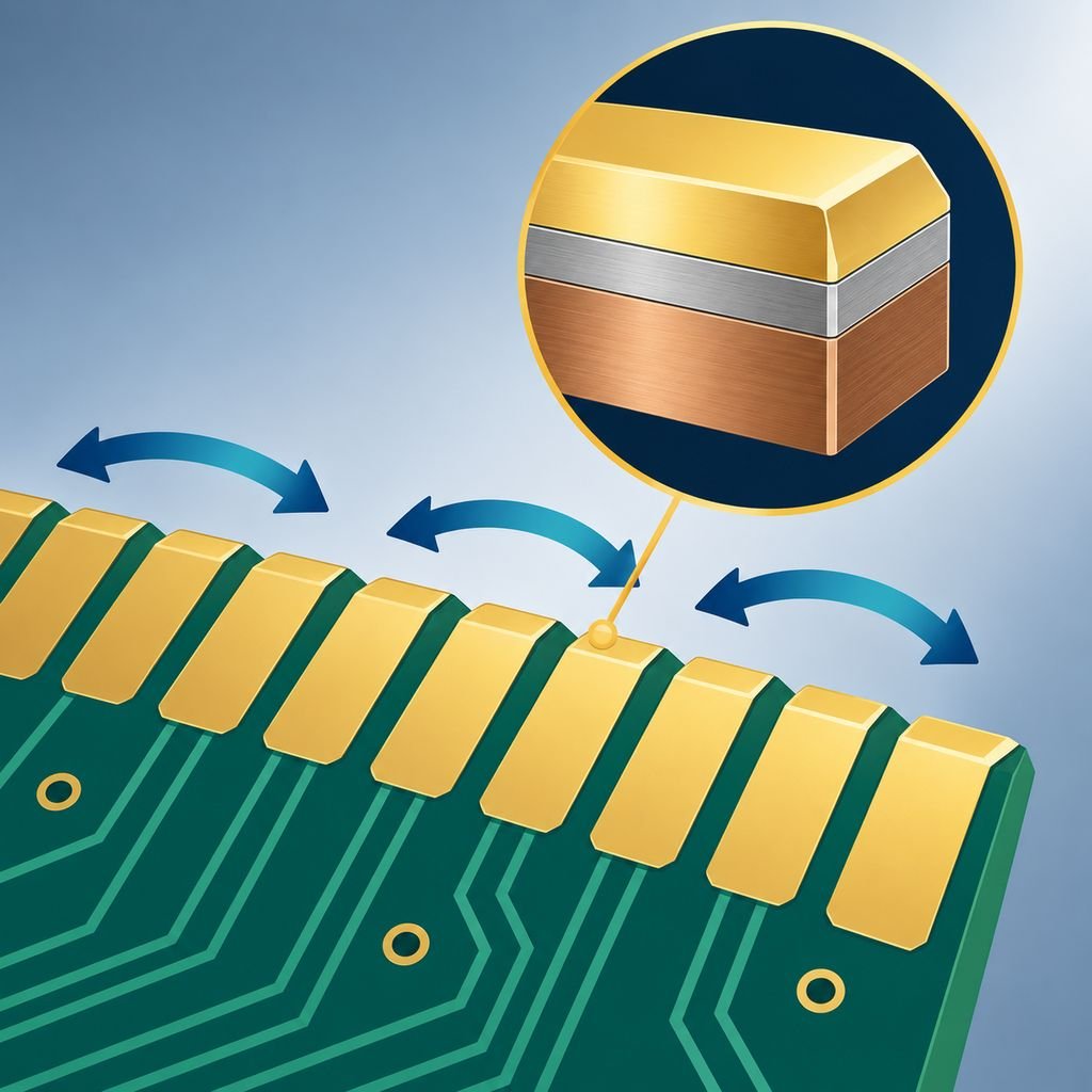 Hard gold-plated edge connector fingers on a high-frequency PCB sliding into a mating slot, with a magnified plating cross-section
