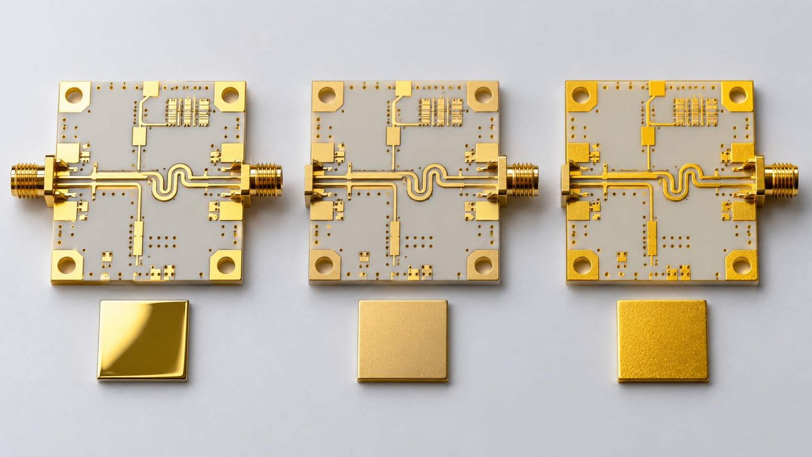 Three high-frequency PCB coupons comparing immersion gold, plated gold and thick gold surface finishes