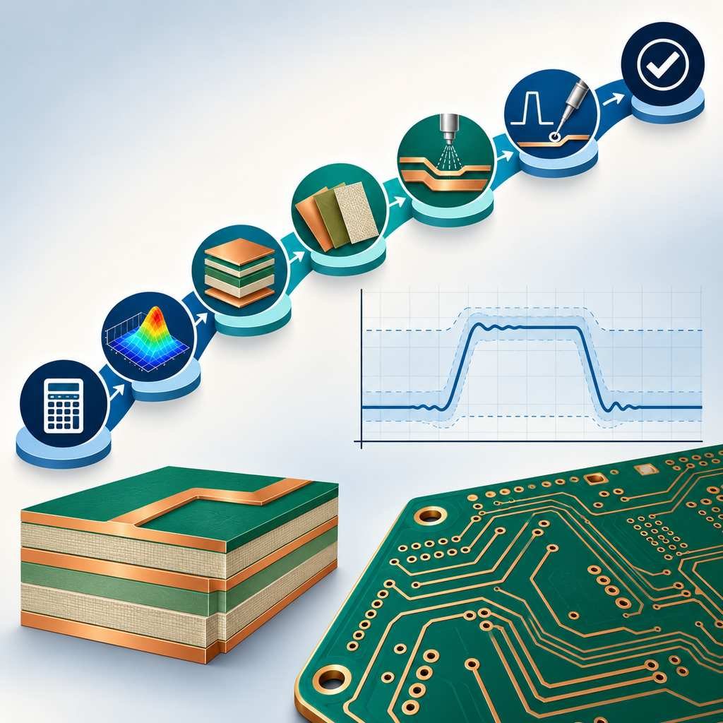 Seven-step impedance control flow for high-frequency PCB manufacturing beside a pulse sitting inside its tolerance band