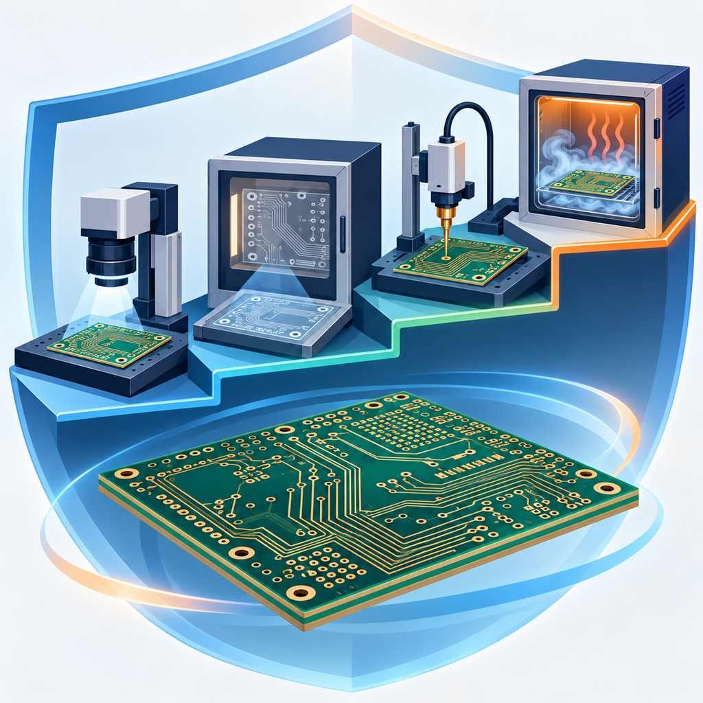 Four-tiered high-frequency PCB inspection stations covering visual AOI, X-ray, impedance probing and environmental reliability testing