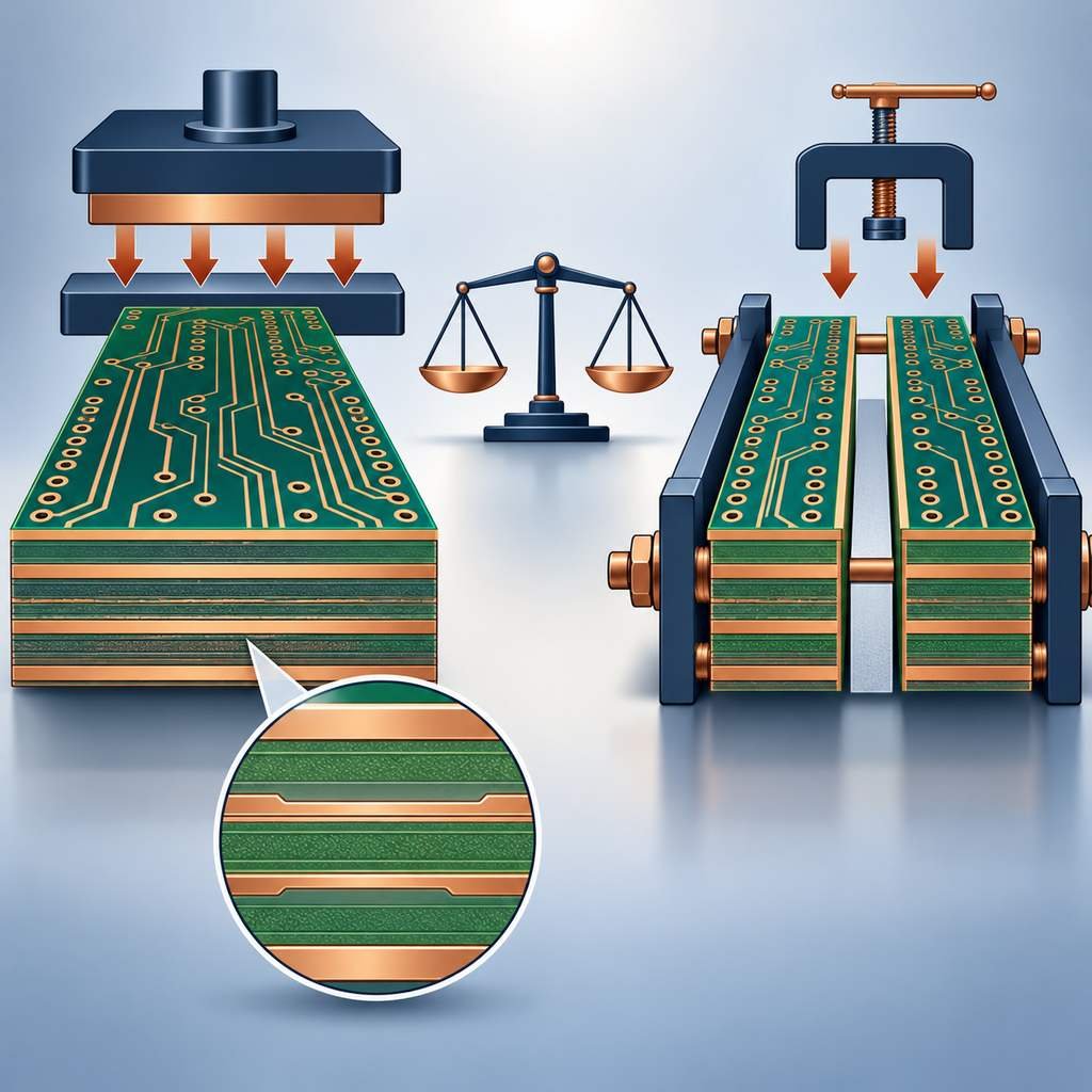 Laminated multilayer board bonded into one unit beside separately processed layers bolted together, with a bonded interface inset