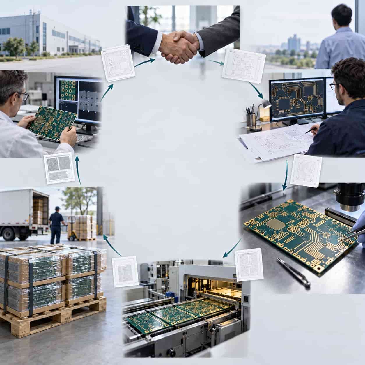Six-stage collaboration lifecycle ring between a customer and a PCB factory from selection and design through prototype, volume and feedback