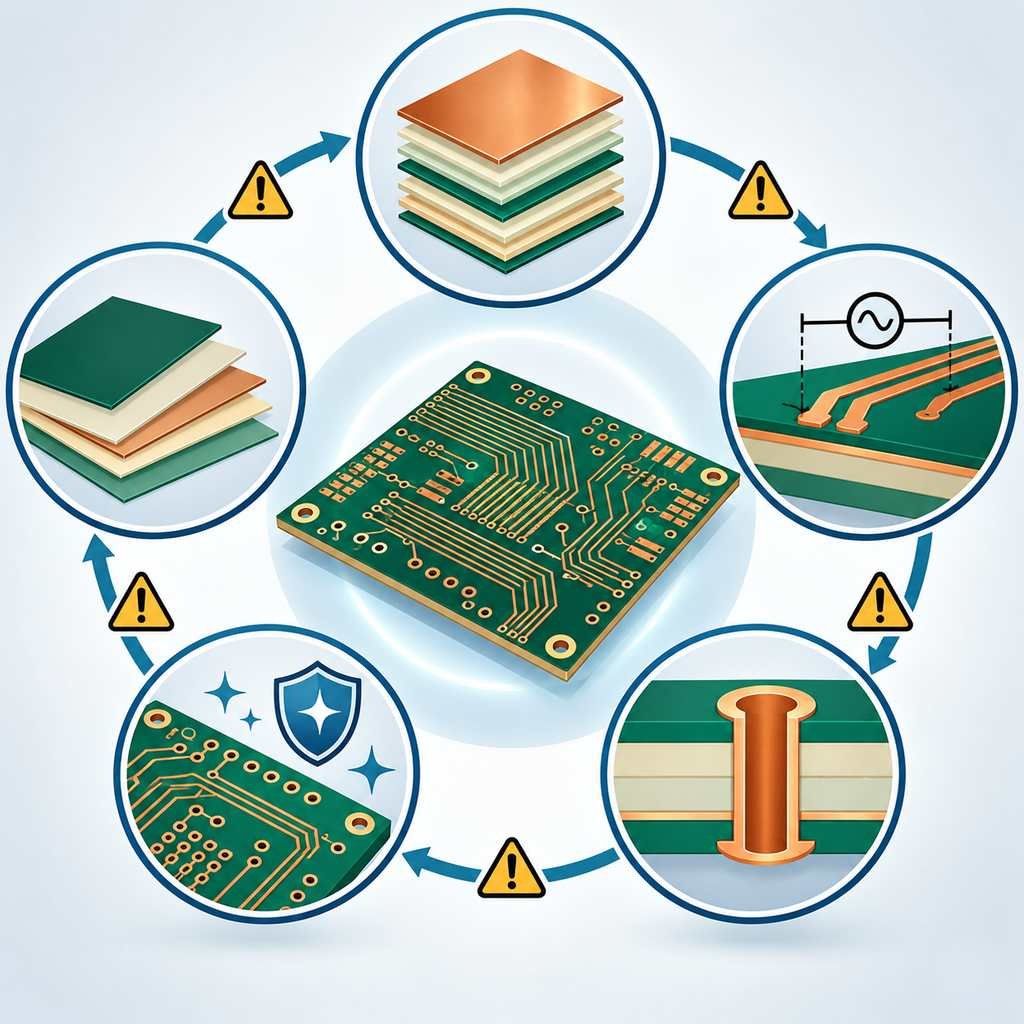 Five high-frequency PCB process focus areas in a ring: substrate selection, impedance control, dielectric uniformity, drilling and plating, and surface cleanliness