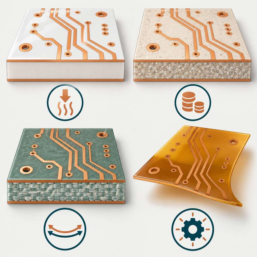 Four resin-system laminate tiles in cross-section comparing PTFE, ceramic-filled hydrocarbon, modified epoxy and LCP with loss, cost and flexibility icons