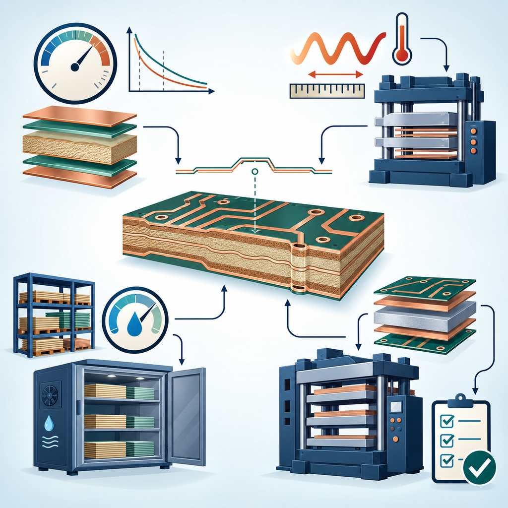 Laminate properties linked by arrows to process decisions, covering dielectric behaviour, thermal and mechanical compatibility, storage and hybrid stack-ups