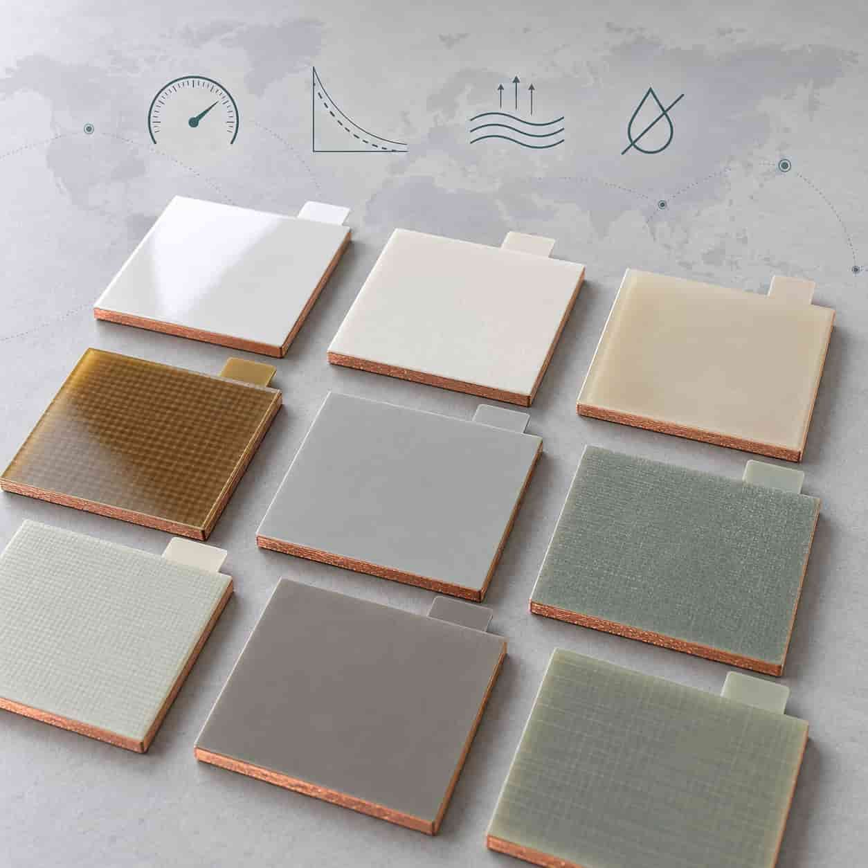 Grid of high-frequency laminate sample tiles with four specification icons above and a faded market map with factory markers behind