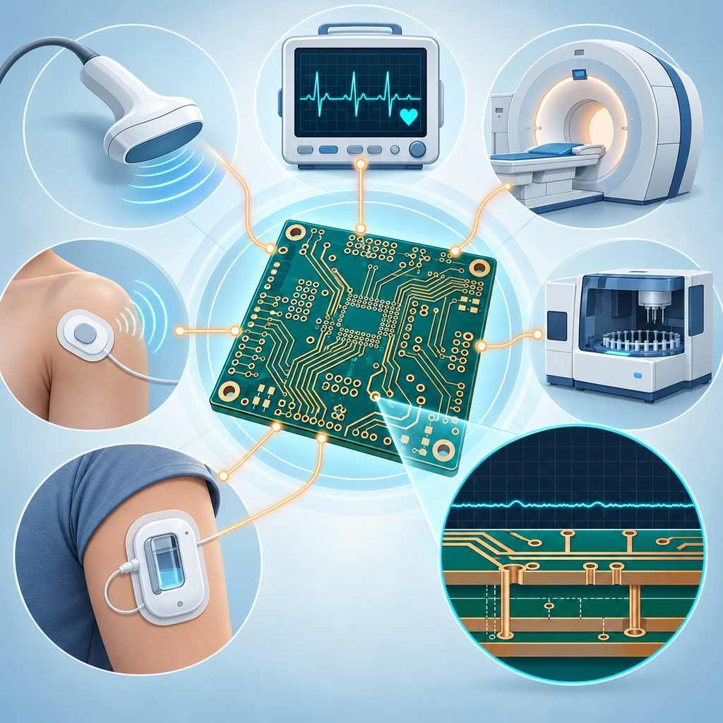 High-frequency PCB linked to ultrasound probe, ECG monitor, MRI scanner, biosensor patch, laboratory analyser and wearable drug delivery