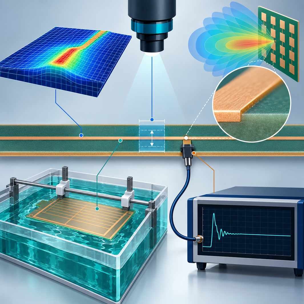 Extremely narrow microstrip trace under a caliper bracket with simulation, imaging, etching and TDR verification links and a 5G antenna inset