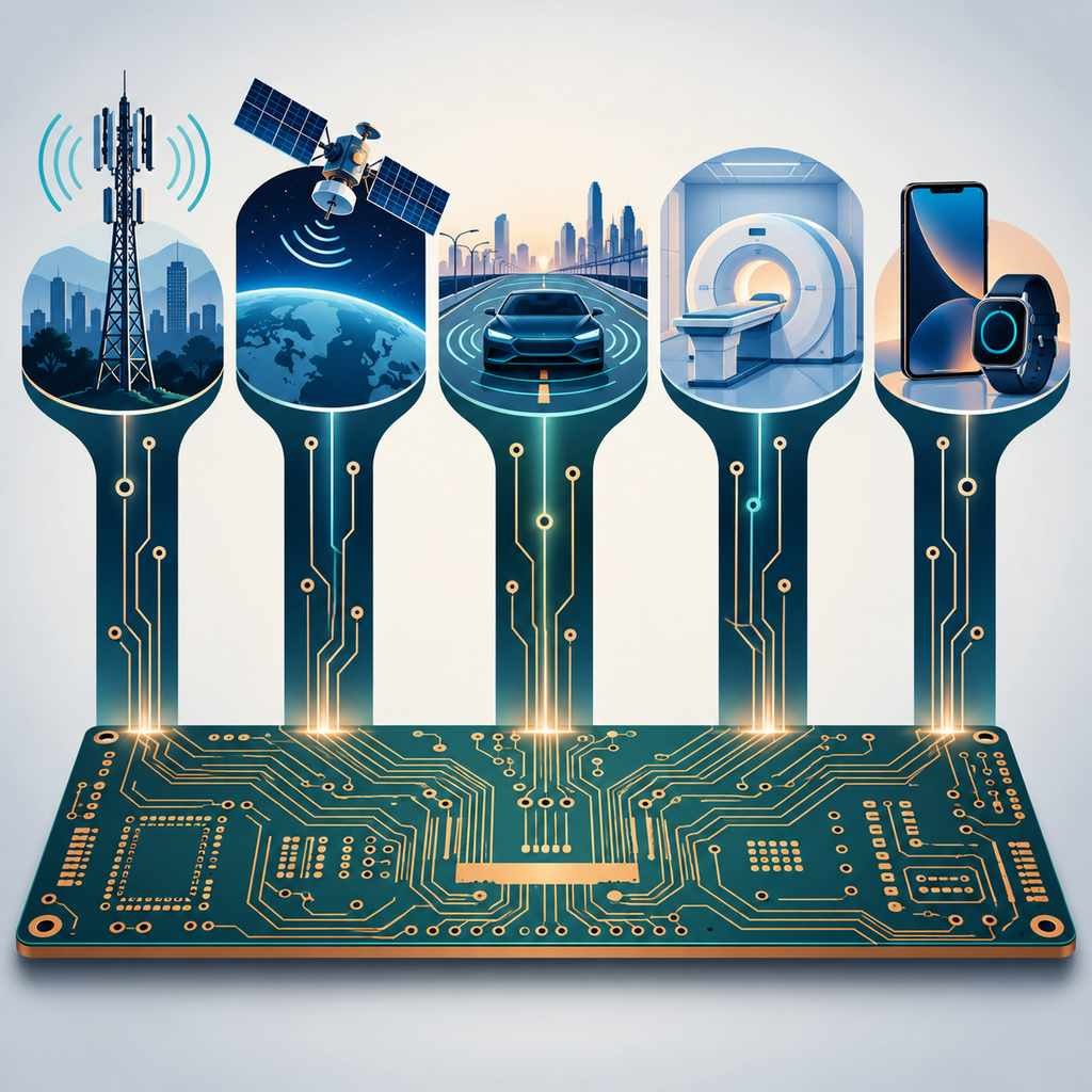High-frequency PCB as a base plate carrying five pillars topped with base station, aerospace, automotive, medical and consumer electronics silhouettes
