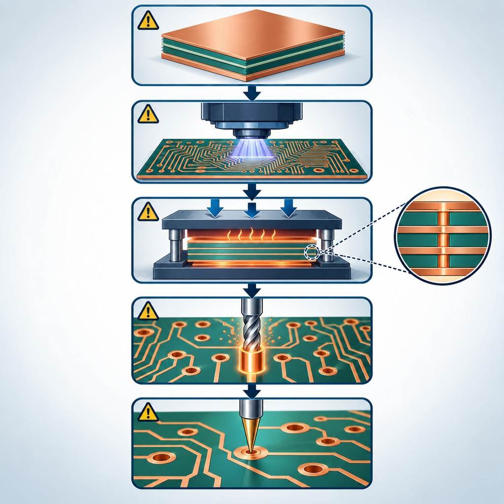 Five multilayer lamination stages for high-frequency PCBs from material selection and fine-line imaging to lamination, drilling, plating and final test