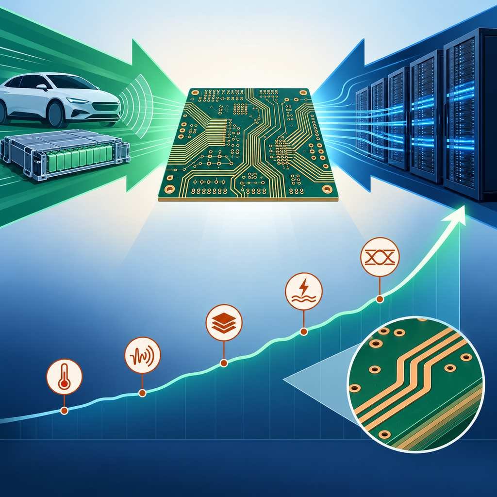 New energy and AI arrows converging on a high-frequency board above a rising wave chart with five challenge markers