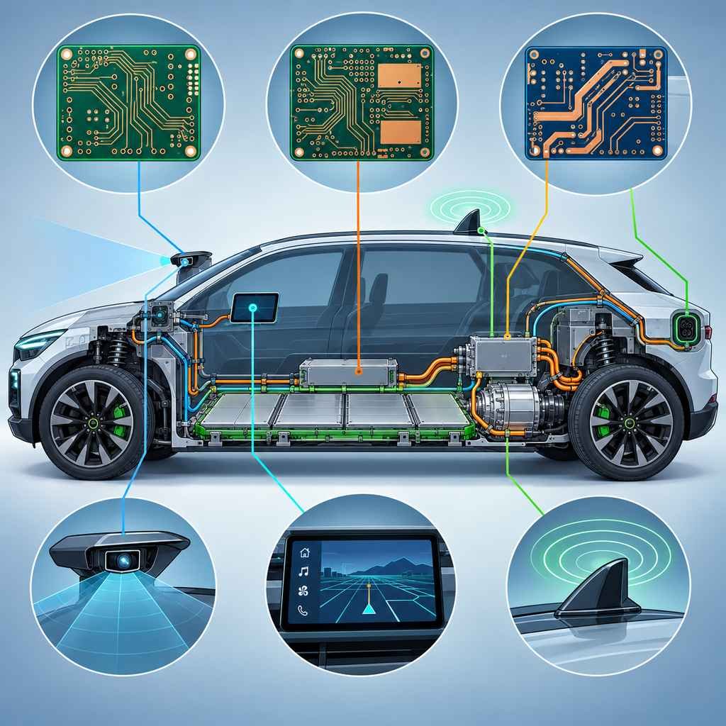 Electric vehicle cutaway showing battery management, drive, charging, infotainment, V2X and safety systems linked to a high-frequency PCB