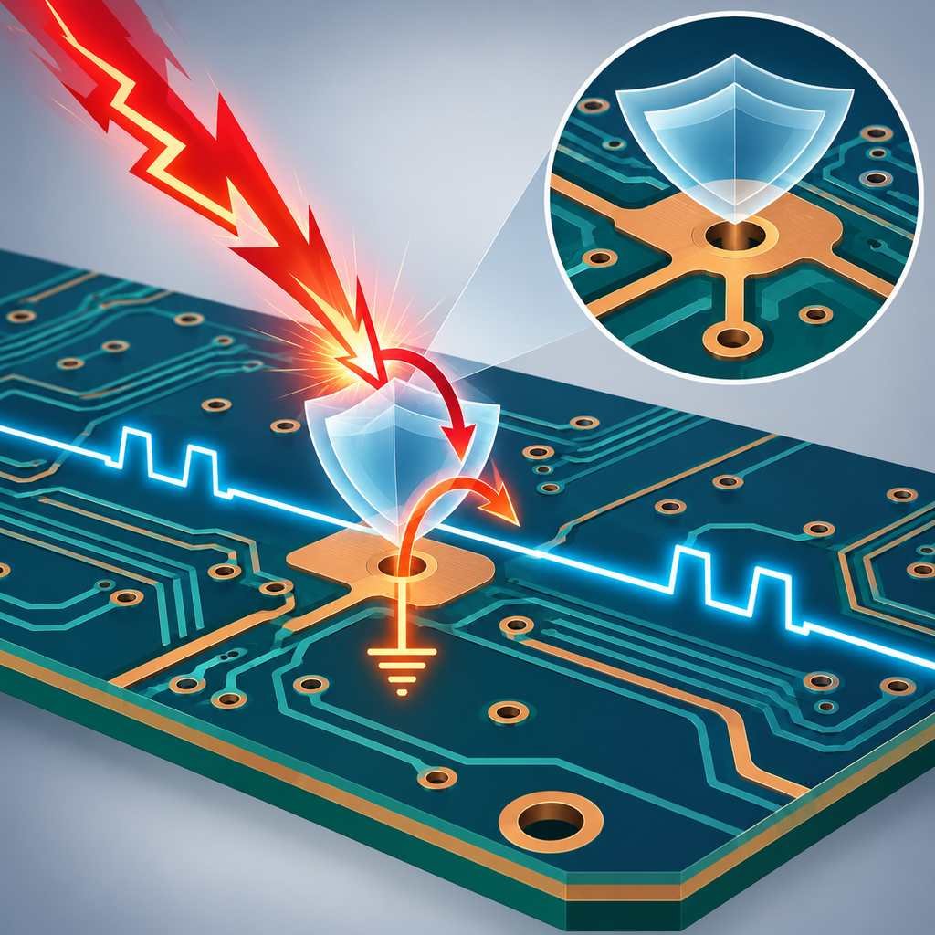 Overload surge striking a protective component on a high-frequency PCB while the signal trace beyond continues undisturbed