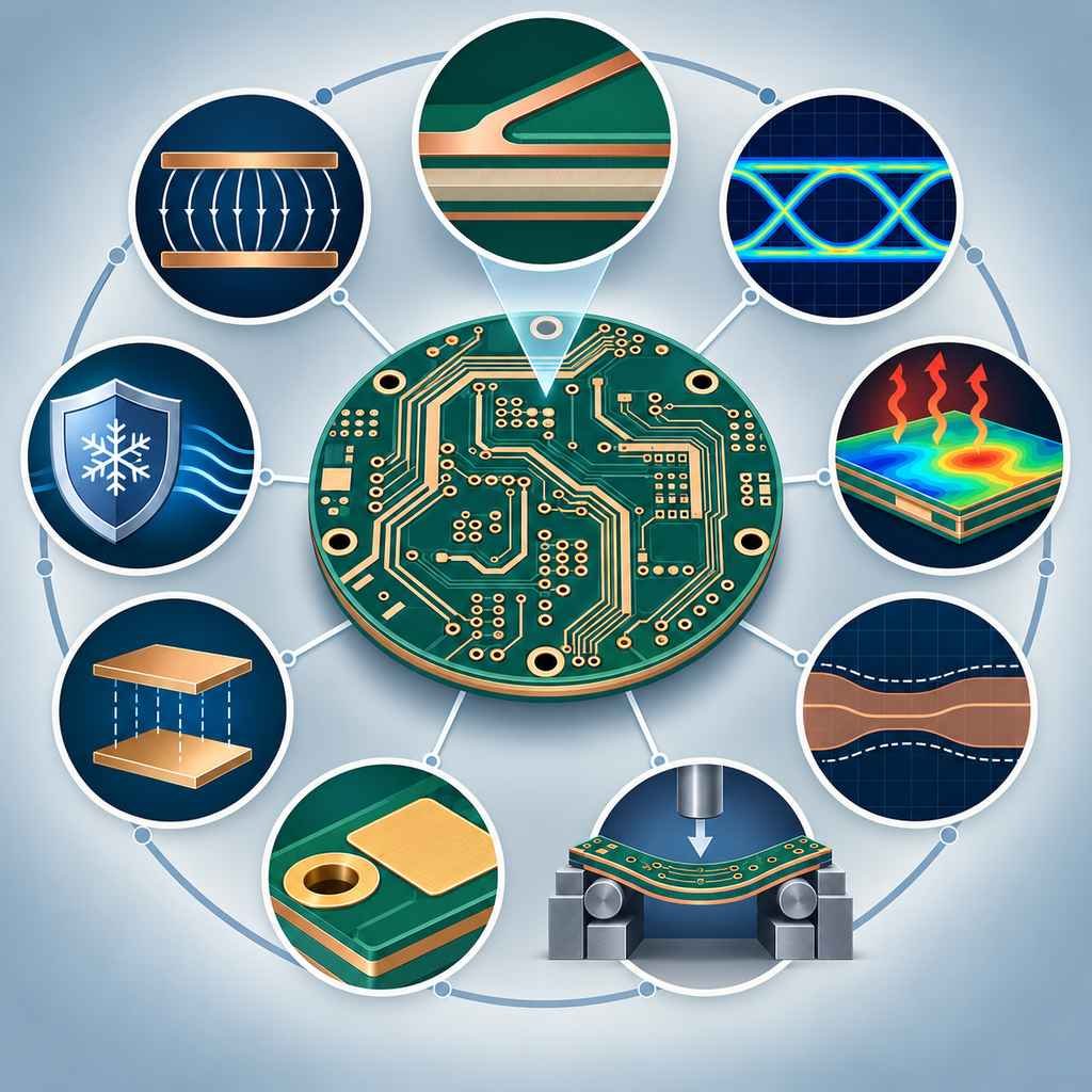 Eight performance dimensions in a ring around a high-frequency board covering dielectric, signal, thermal, impedance, mechanical, surface, power and reliability
