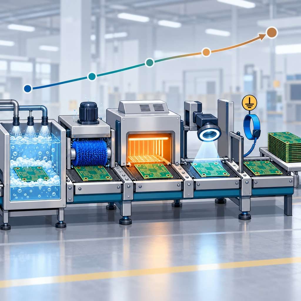 Five high-frequency PCB post-processing stations along a conveyor, from cleaning and deburring through drying, inspection and ESD control