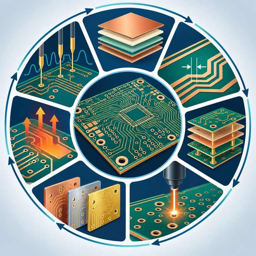 Seven-spoke process wheel around a high-frequency PCB covering material, line width, lamination, drilling, surface, thermal and test control