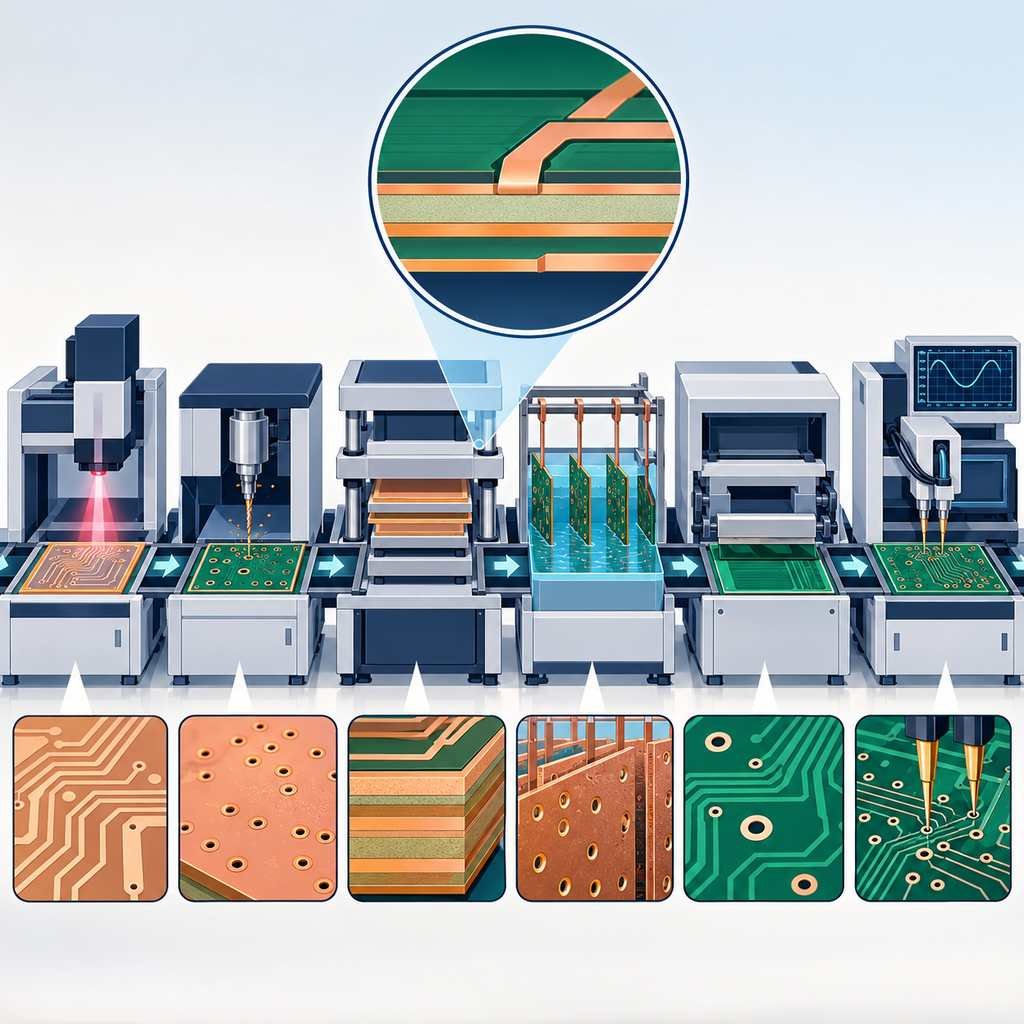 Six-station high-frequency PCB production equipment chain from laser imaging and drilling through lamination, plating, solder mask and network analyser testing