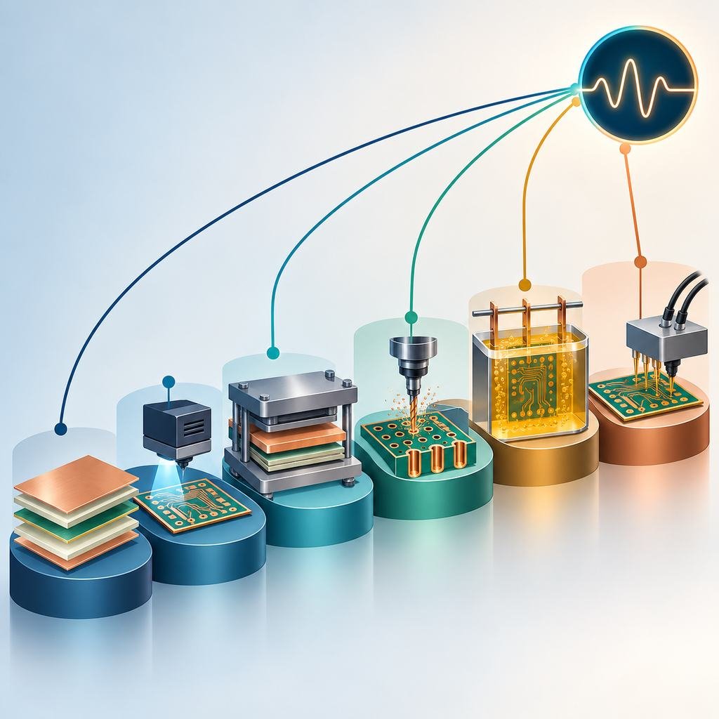 Six high-frequency PCB production stages whose contributions converge on a single clean signal waveform