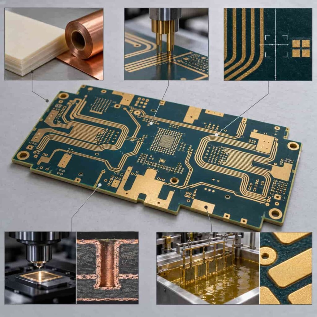 Quality Assurance in the manufacturing of high-frequency PCBs (HF PCBs) 14 In-process control lattice of five inspection nodes around a high-frequency board covering material, impedance, etch, hole wall and finish
