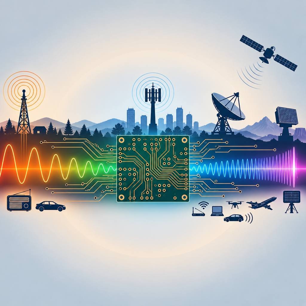High-frequency circuit board at the centre of a wide RF spectrum bar from broadcast tower through mobile antenna to satellite and millimetre-wave arrays