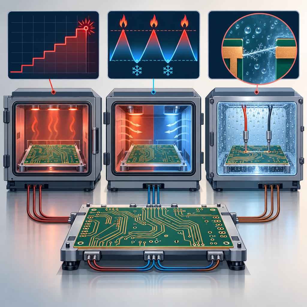 Three high-frequency PCB stress test stations for HALT step-stress, thermal shock cycles and CAF bias testing with a conductive filament inset