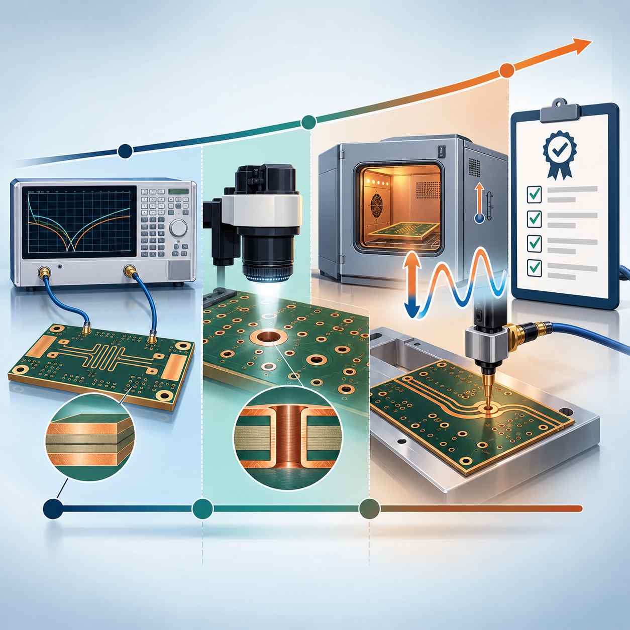 Three-phase reliability workflow timeline from design verification and in-process control to final environmental and RF validation