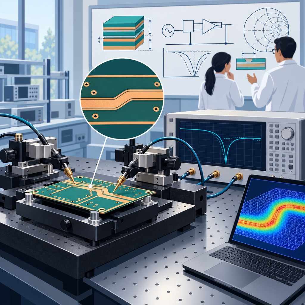 Research laboratory bench with a probe station on a high-frequency board, a network analyser and a simulation display