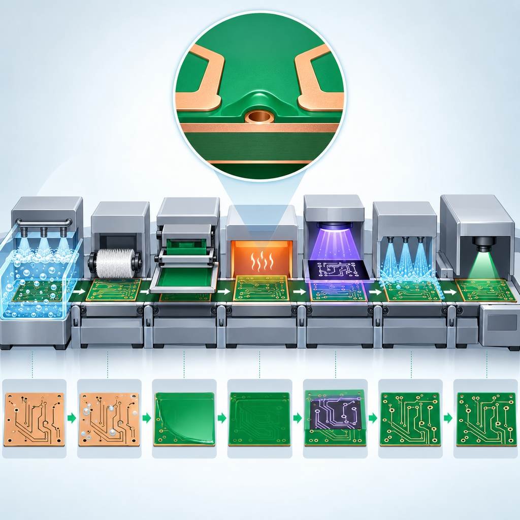 Seven-step high-frequency PCB solder mask application line from cleaning through printing, baking, exposure, development and AOI inspection