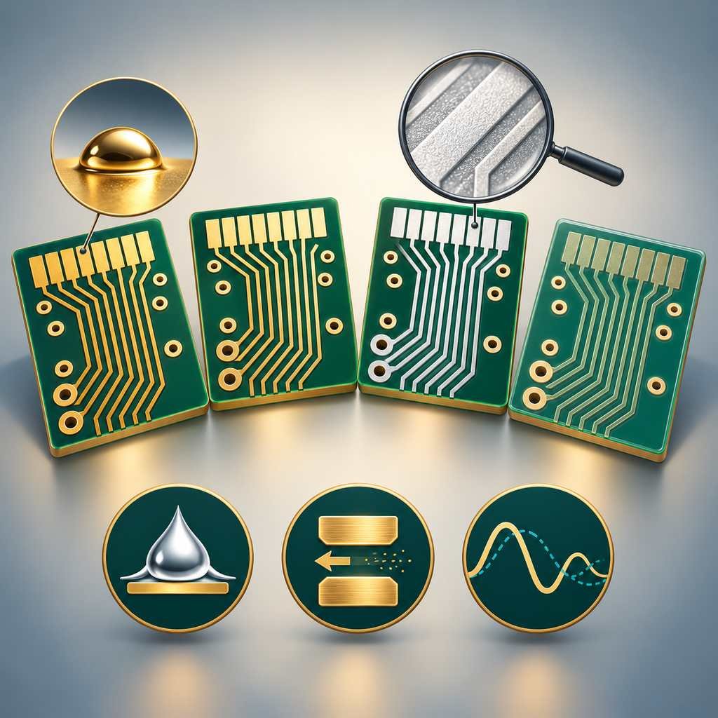 Four high-frequency PCB pad coupons comparing ENIG, soft gold, immersion silver and OSP finishes with magnified grain and finish job icons