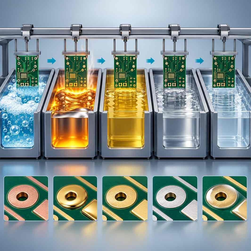 Five high-frequency PCB surface treatment tanks in sequence with five finished pad finishes compared below