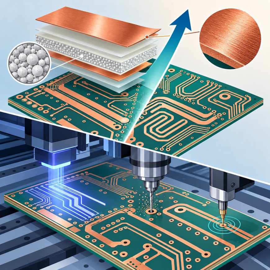 High-frequency PCB splits into material and manufacturing halves, with low-loss laminates, HVLP copper, laser imaging and impedance probing