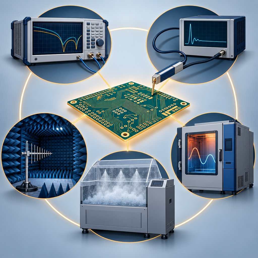 Five high-frequency PCB test and environmental simulation instruments arranged around a circuit board