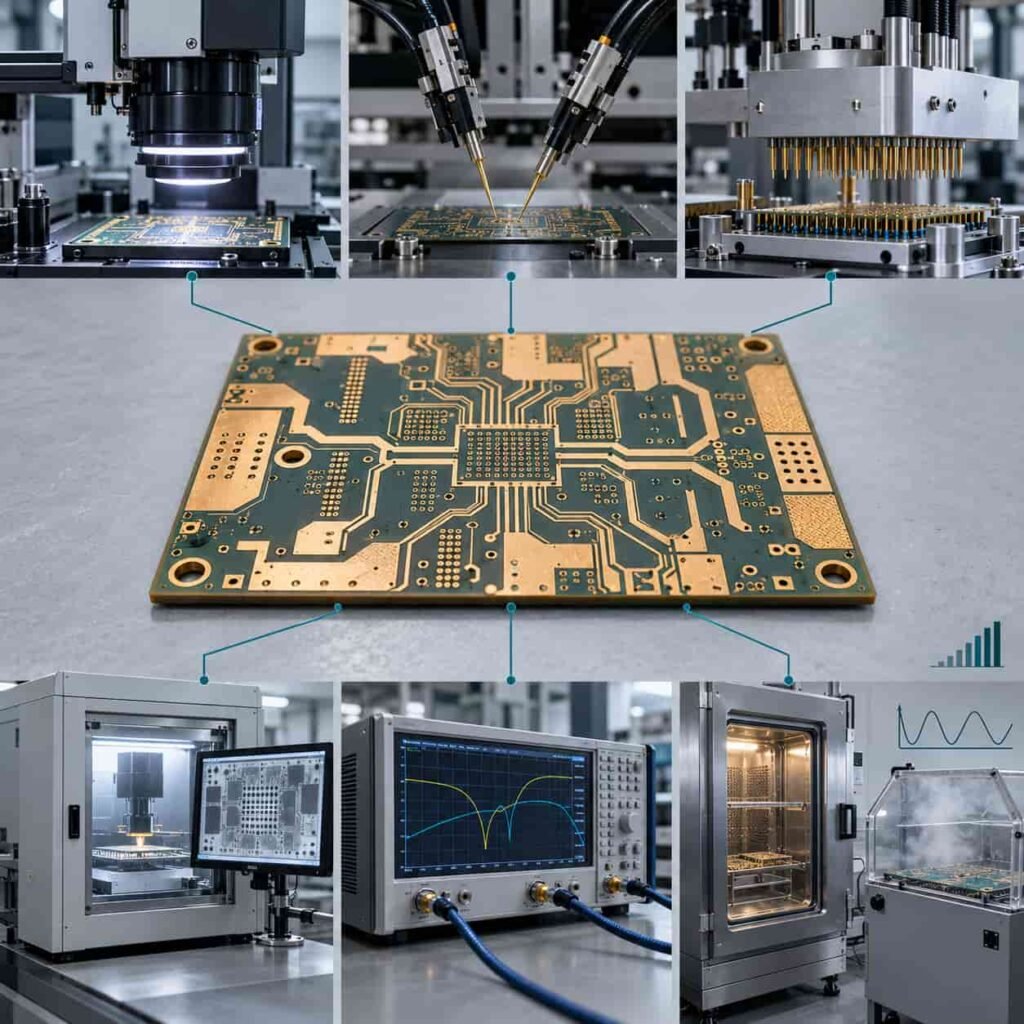 Testing and Inspection Processes for High-Frequency PCB Manufacturing 11 Six high-frequency PCB test families from AOI and flying probe through ICT, X-ray, functional RF and environmental testing