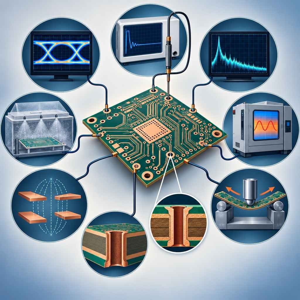 Eight high-frequency PCB test categories arranged around a board, from TDR impedance and signal integrity to thermal, mechanical and reliability testing