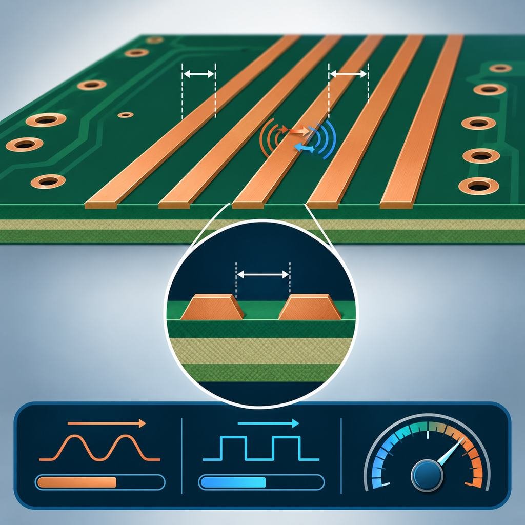 Parallel copper traces with width and spacing dimension brackets, a crosstalk arrow, an impedance dial and a magnified trace profile