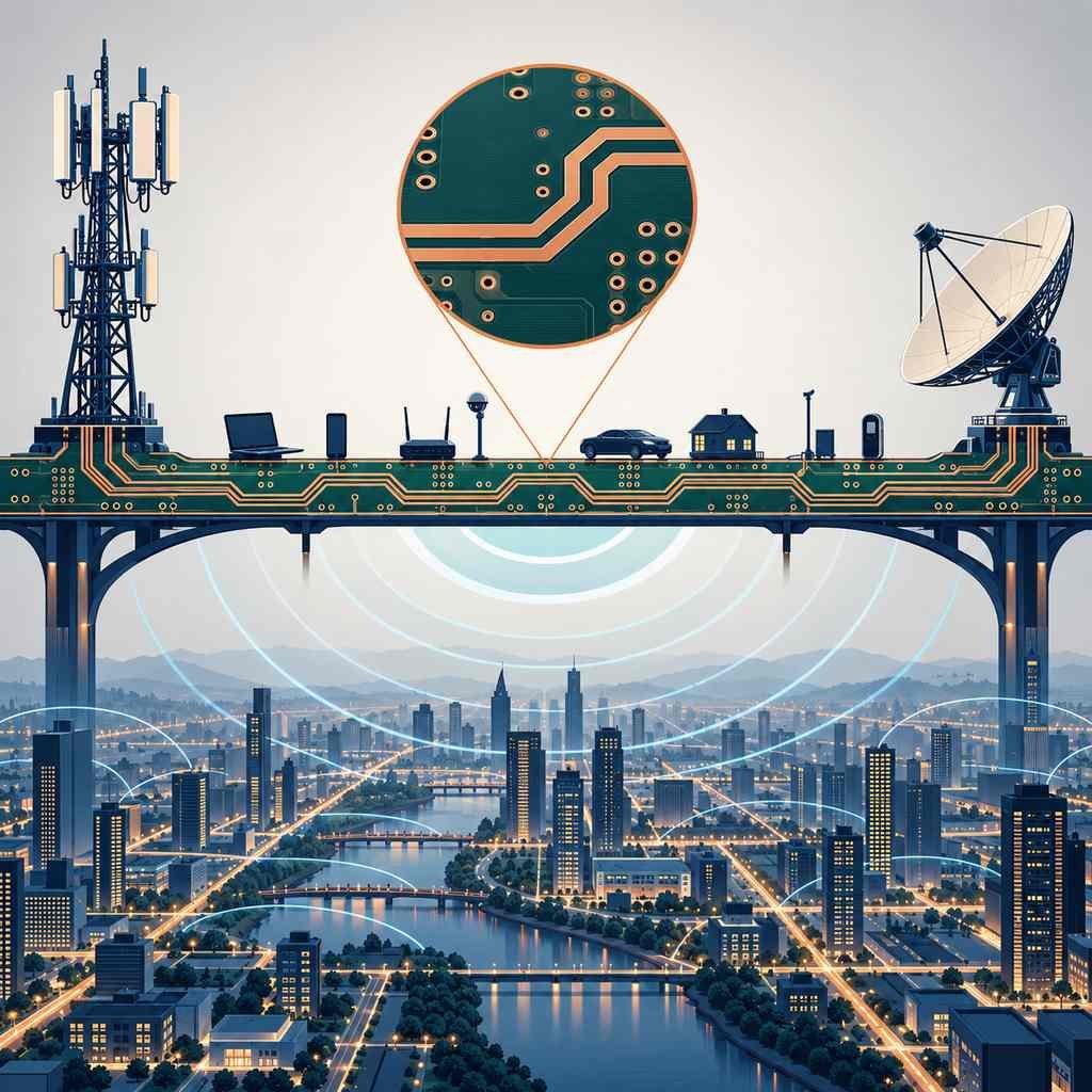 High-frequency circuit board drawn as a bridge between a base station tower and a satellite dish over a city signal grid