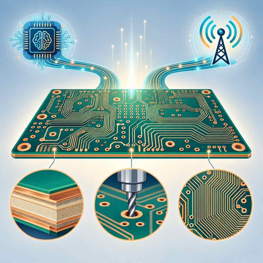 High-frequency circuit board bridging a signal highway toward an AI chip and a wireless antenna, with material, drilling and trace insets