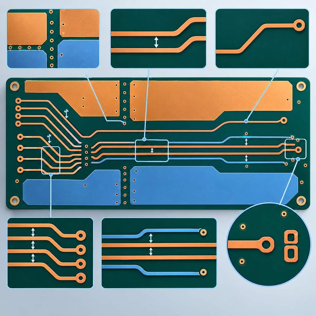 High-frequency PCB layout showing ground isolation, matched differential pairs, controlled trace spacing and a guarded high-speed channel