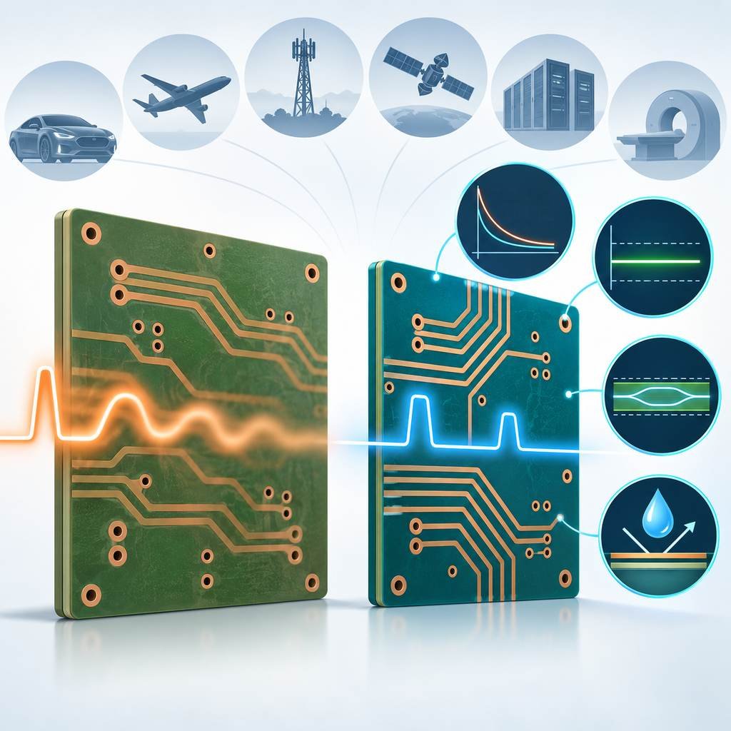 FR-4 board with a smeared signal beside a high-frequency board with a crisp pulse, ringed by four advantage icons and six industry silhouettes