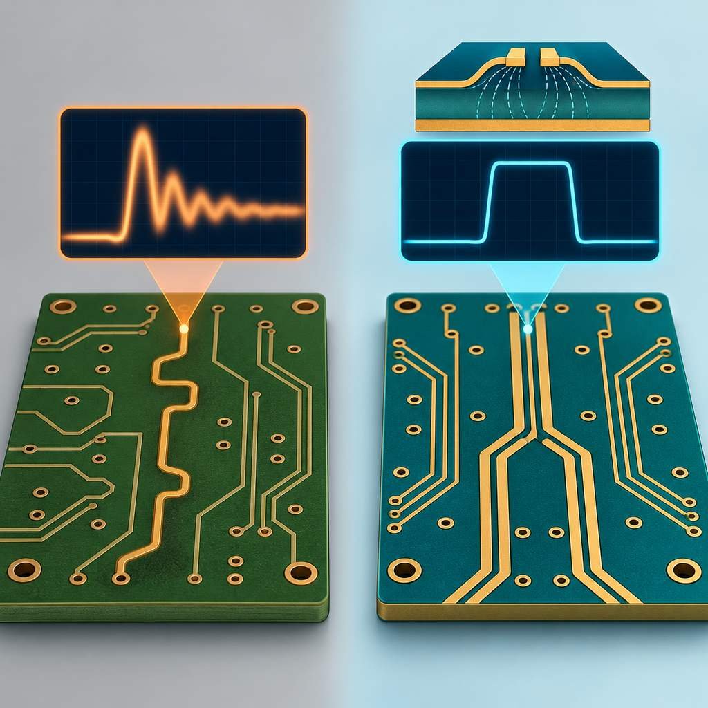 Conventional FR-4 board carrying a blurred signal beside a high-frequency PCB with a sharp impedance-controlled pulse