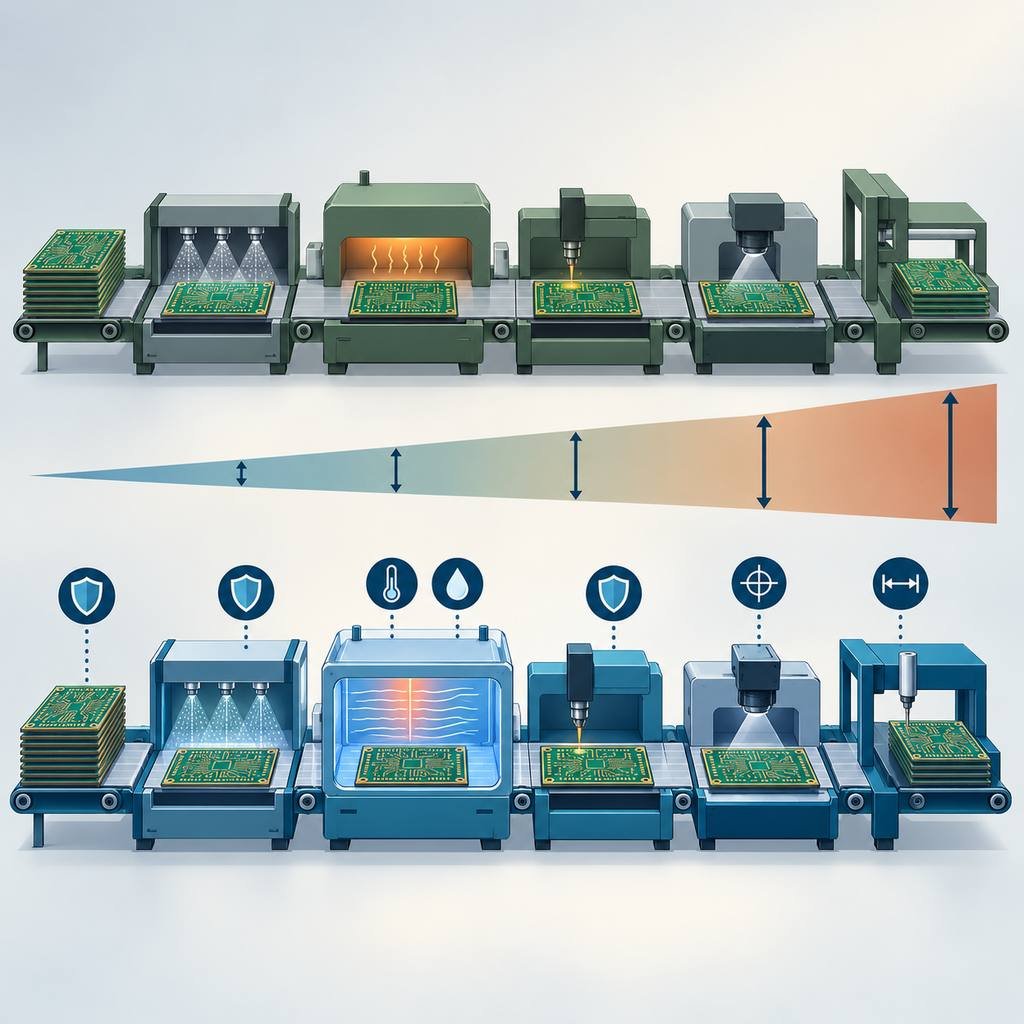 Parallel standard and high-frequency PCB production lines with a widening gap between them and added climate and tolerance controls