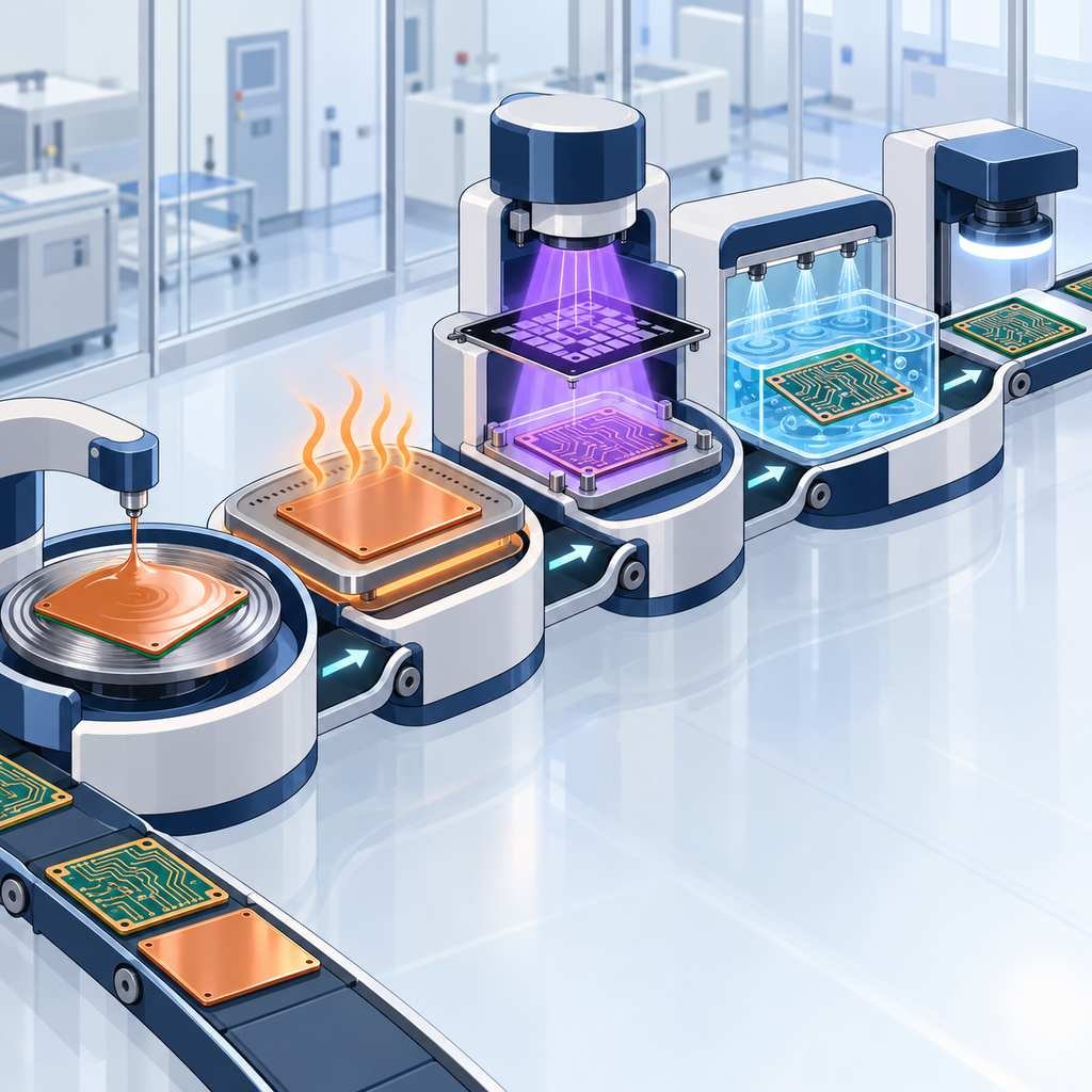 Five-stage PCB lithography workflow from photoresist coating and baking through exposure and development to inspection
