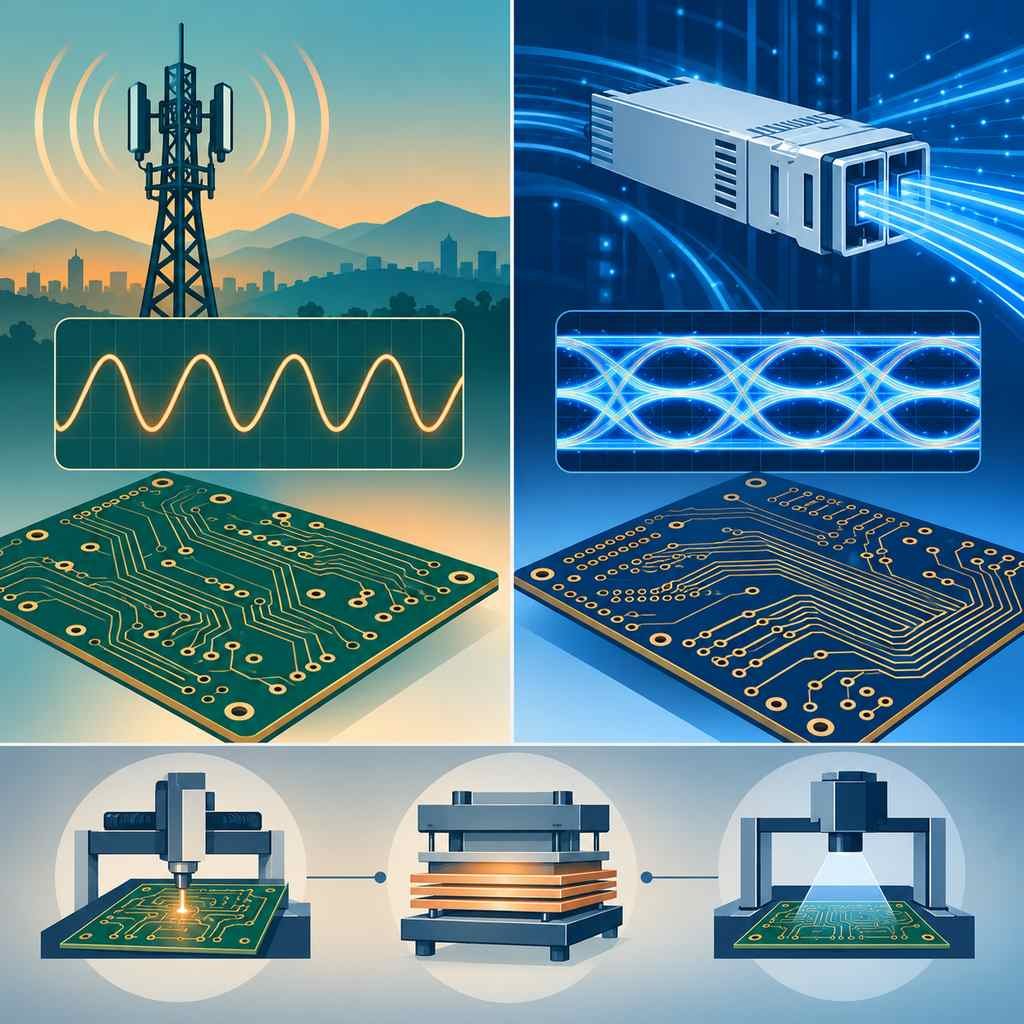 Split comparison of high-frequency base-station boards carrying an RF sine wave and high-speed optical module boards carrying a dense eye pattern