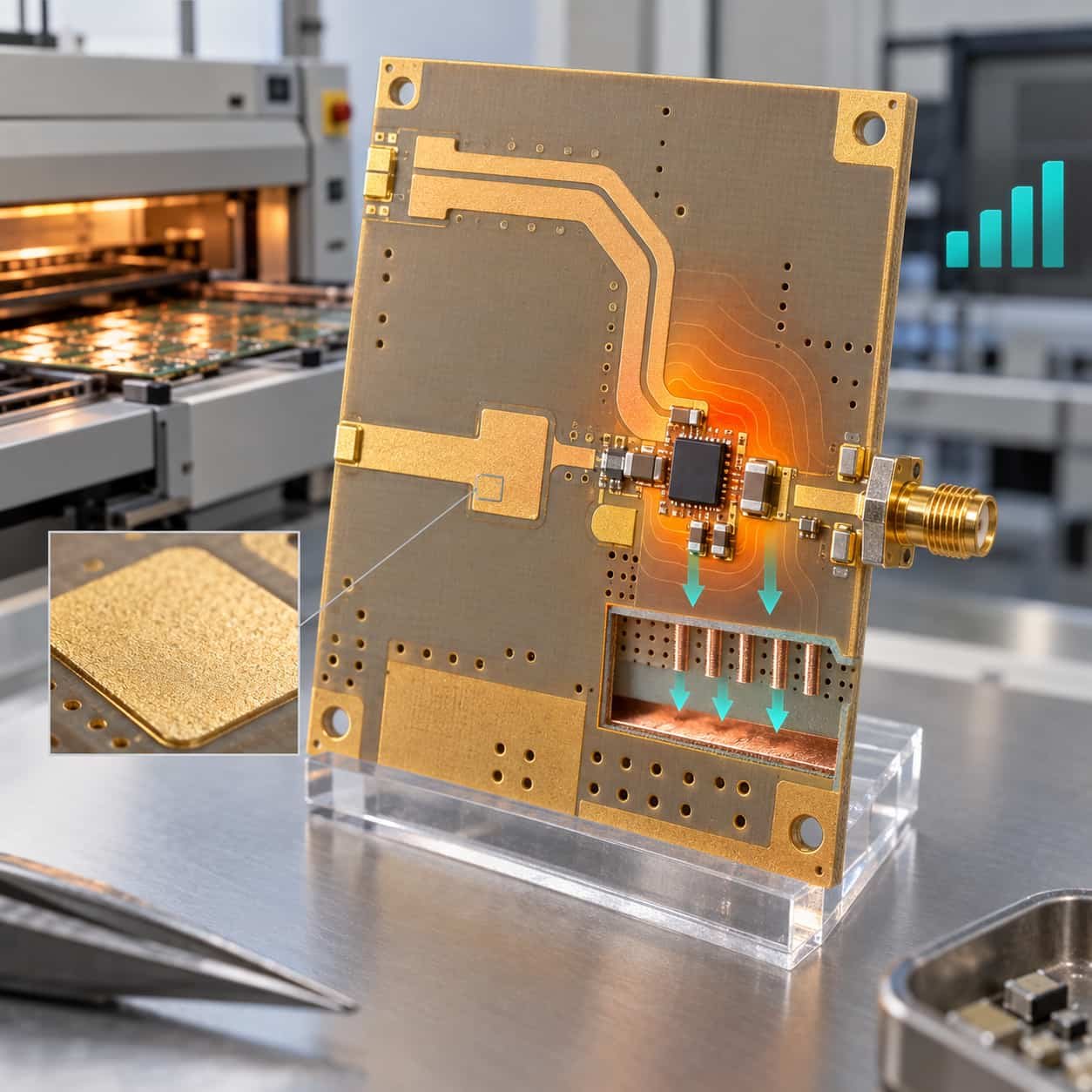 High-power RF RO4350B board with thermal vias under an amplifier, ENIG gold pads and a reflow oven with signal strength markers