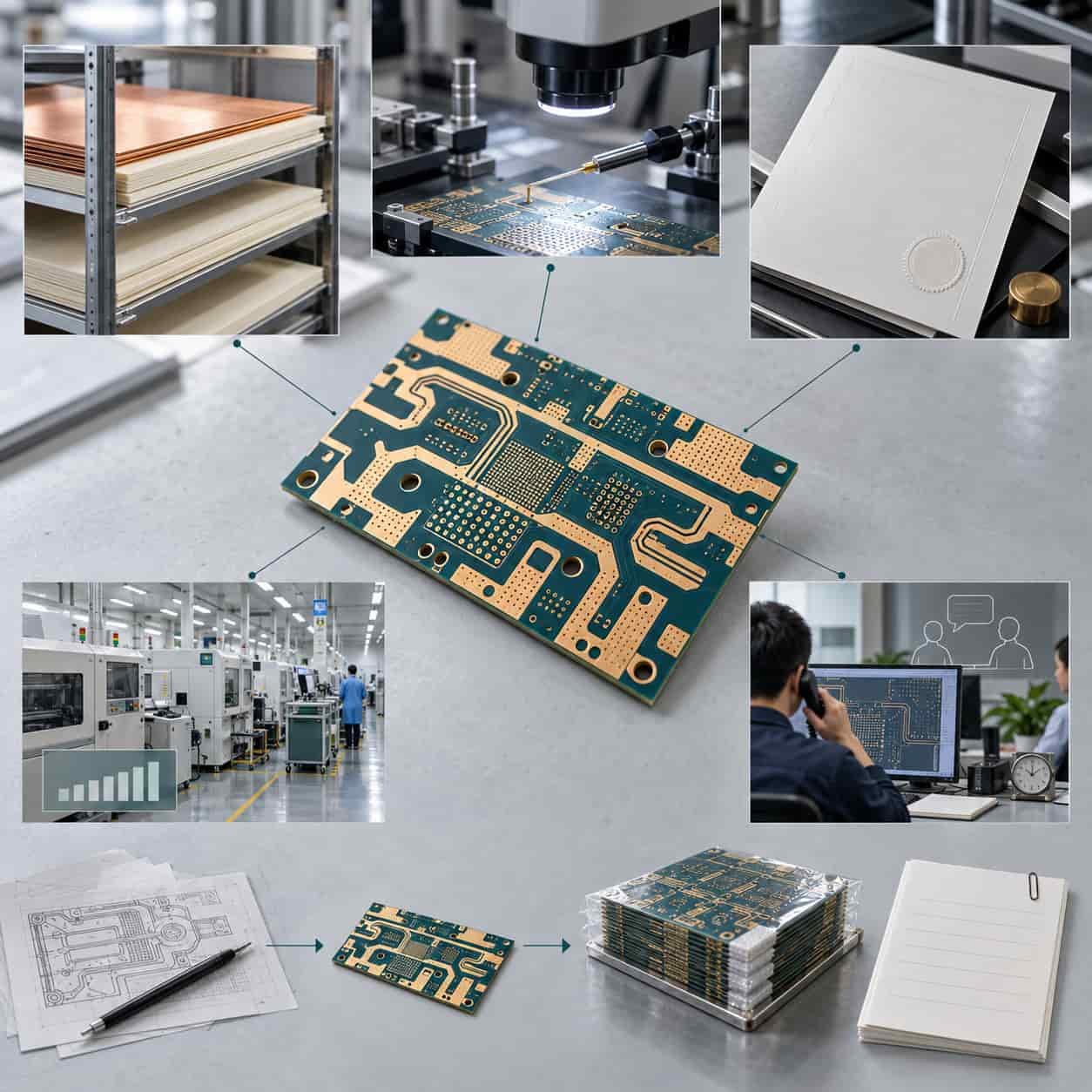 Five supplier evaluation dimensions around a high-frequency board with an engagement timeline from concept to volume and an RFQ card