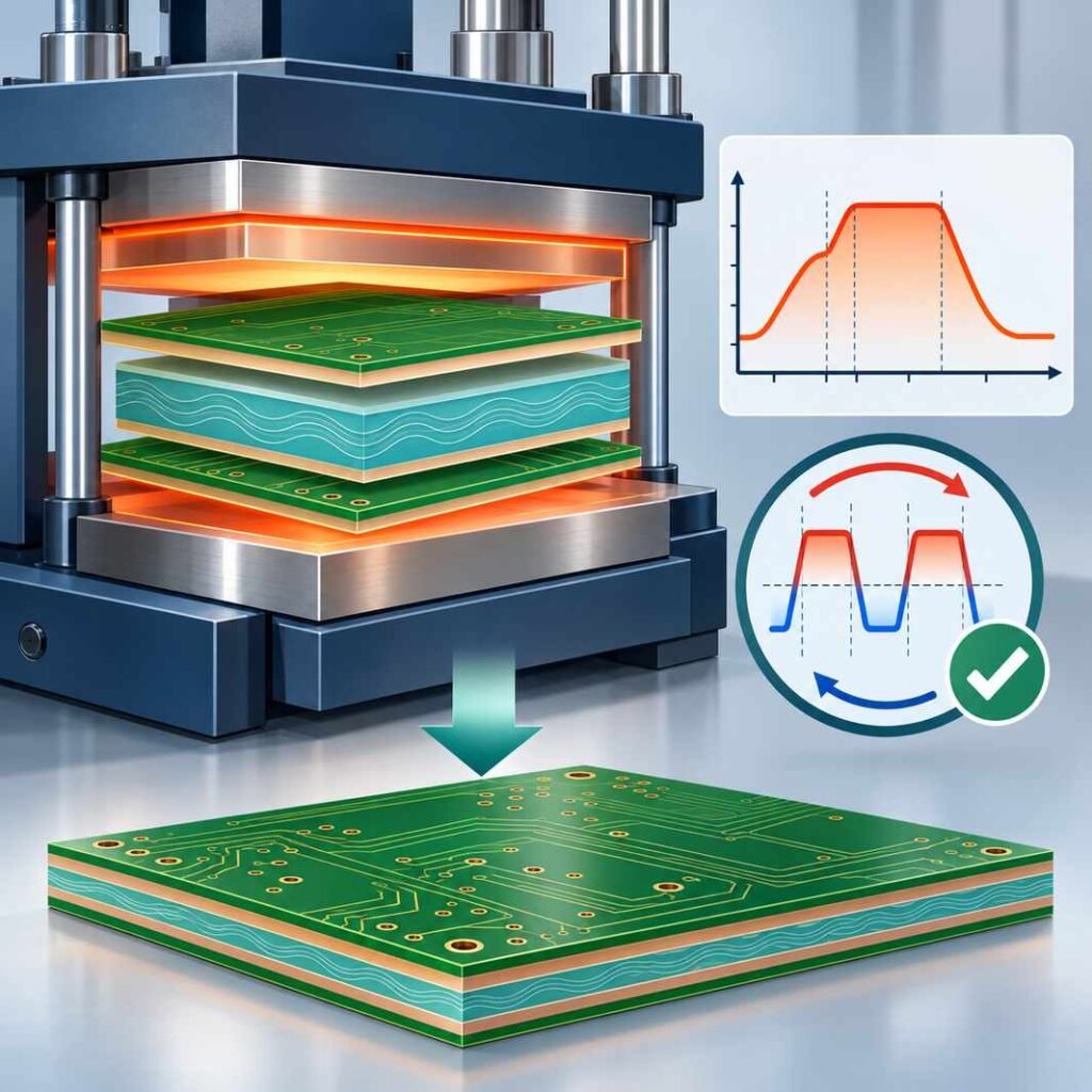 Hybrid FR-4 and high-frequency core lamination press with a temperature profile curve and thermal cycling test icon