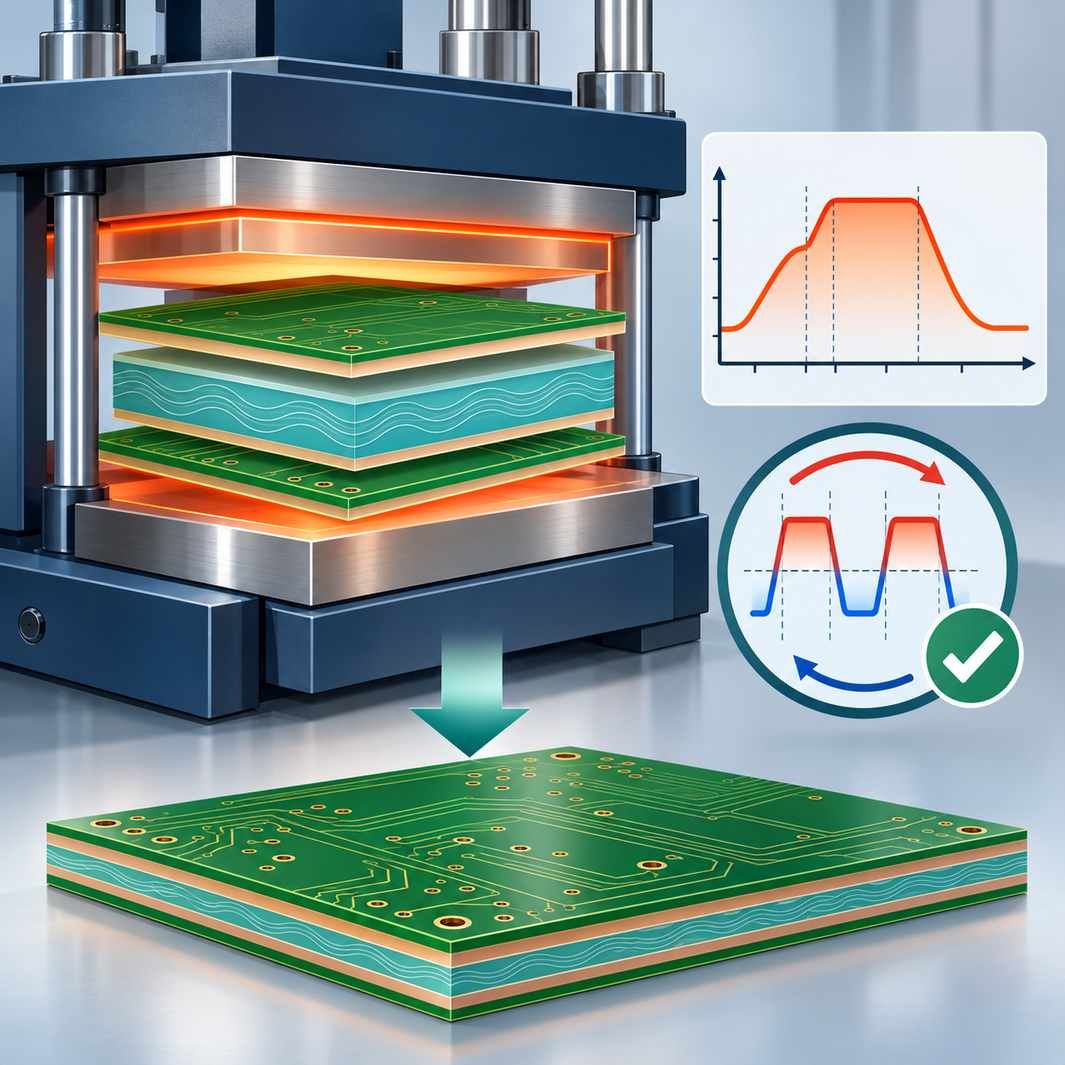 Hybrid FR-4 and high-frequency core lamination press with a temperature profile curve and thermal cycling test icon