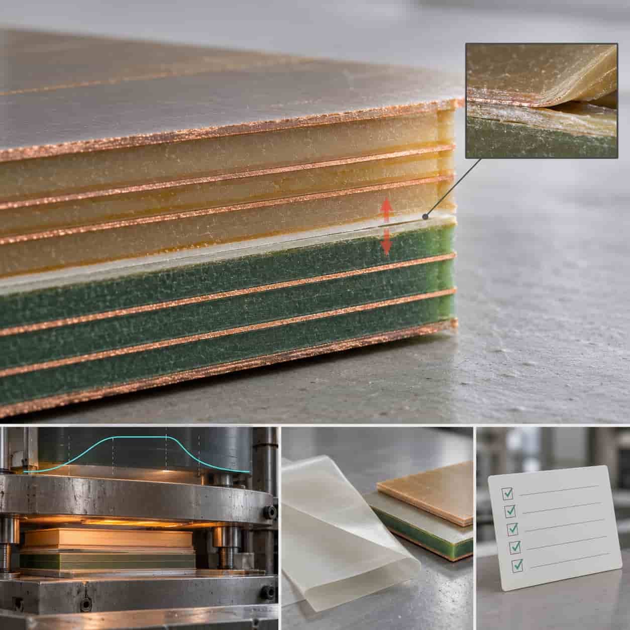 Hybrid PCB stack with high-frequency and FR-4 layers, CTE mismatch and delamination warnings and a lamination fix with specification checklist